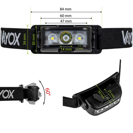 Wiederaufladbare Kopftaschenlampe 100lm 100LM LED + 2XLED 5 Modi VAYOX