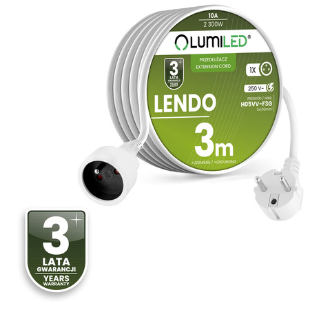 Netzverlängerungskabel Geerdete Steckdosenleiste 1 Steckdose 3m Weißes Kabel Lendo Lumiled
