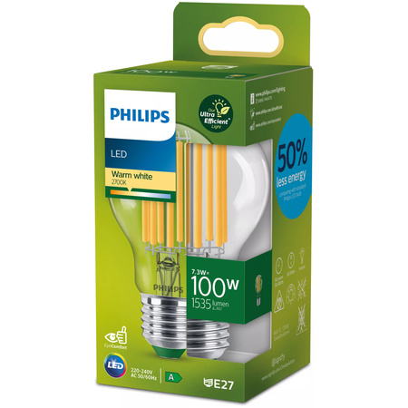 E27 A60 LED Lampen 7,3 W = 100 W, 1535 lm, 2700 K, warmes Filament PHILIPS, ultraeffizient
