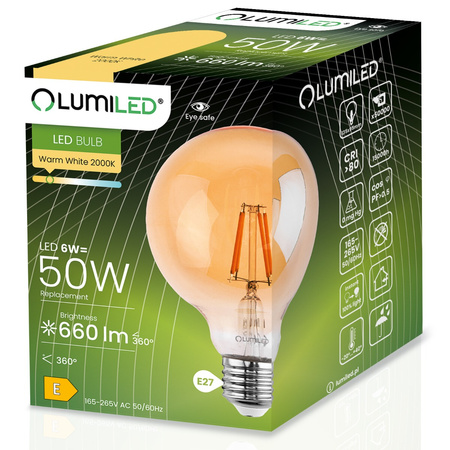 3x LED Lampen E27, Dekorative Glühbirne G95 6W = 50W 660lm 360° 2000K warm Glühfaden Amber LUMILED