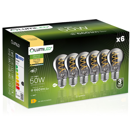 6x LED Lampen E27, Glühbirne A60 6W = 50W 660lm 360° 2200K warm Glühfaden Smokey LUMILED