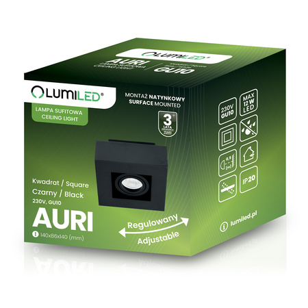 Halogen-Aufbauleuchte GU10, Aufbauspot beweglich Quadrat Schwarz AURI LUMILED