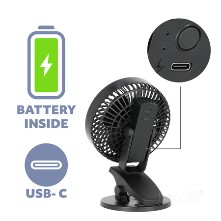 Tischventilator Clip Tragbar Wiederaufladbar USB-C Schwarz Viento Windstar Kobi
