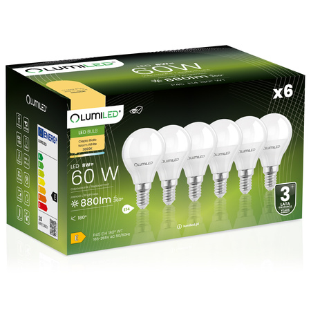 6x LED-Lampe E14 Ball P45 8W = 60W 880lm 3000K Warm 180° LUMILED