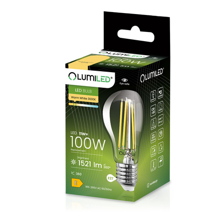 LED Lampen E27, Glühbirne A60 11W = 100W 1521lm 360° 3000K warm Glühfaden LUMILED