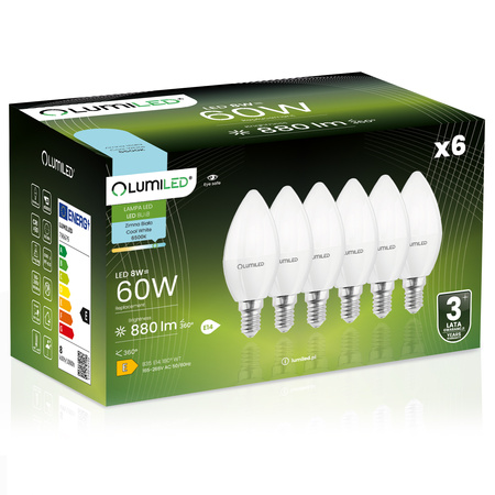 6x LED E14 CANDLE 8W = 60W 6500K Cold White CCD LUMILED Glühbirne