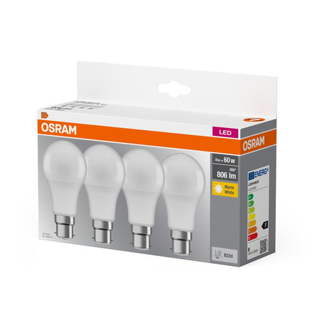 4x LED-Lampe A60 B22d 8W = 60W 806lm 2700K Warm 150° BASE Osram