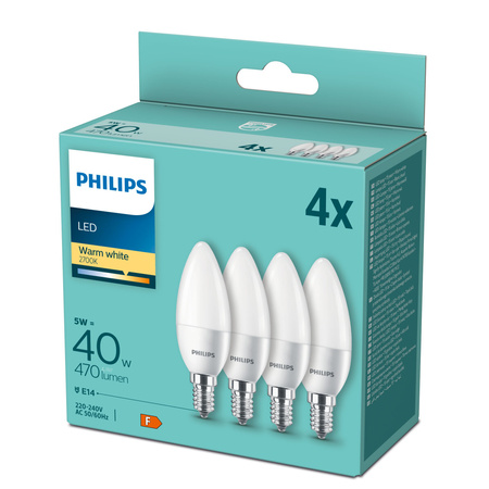 4x LED Lampen E14 B35 4.9W = 40W 470lm 2700K Warm Milk PHILIPS