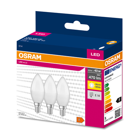 3PAK LED-Lampe E14 B35 4.9W = 40W 470lm 2700K Warm OSRAM Value