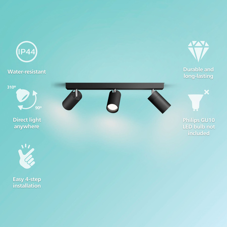 Reflektor-Deckenleuchte 3x GU10 IP44 Schwarz Kosipo Philips