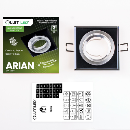 Glas-Einbaustrahler GU10, MR16 Einbauspot HALOGEN Quadrat beweglich Schwarz ARIAN LUMILED