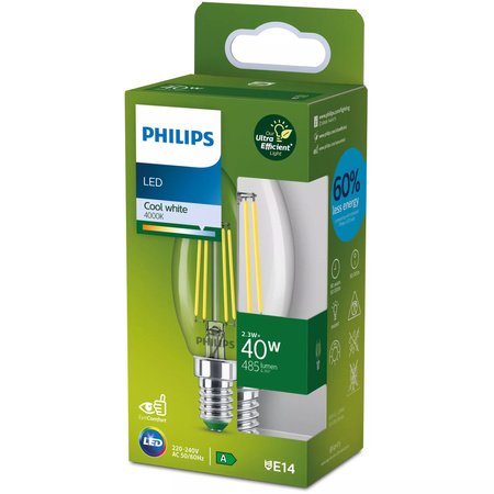 LED-Lampe E14 Kerze B35 2.3W = 40W 485lm 210lm/W 4000K Neutral 300° CLASS A UltraEfficient Philips