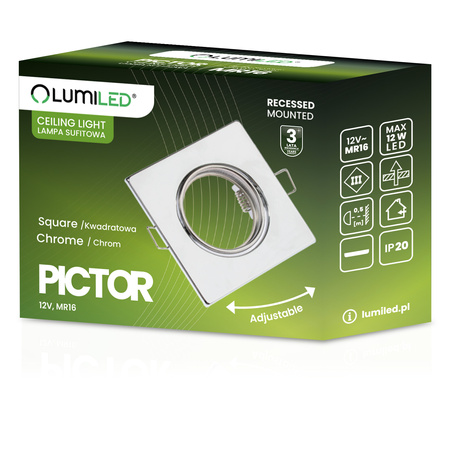 Halogen-Einbauleuchte Bewegliches Quadrat PICTOR Chromblech MR16 GU10 LUMILED