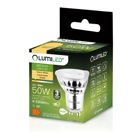LED Lampen GU10, Glühbirne aus Glas 6W = 50W 580lm 38° 3000K warm LUMILED
