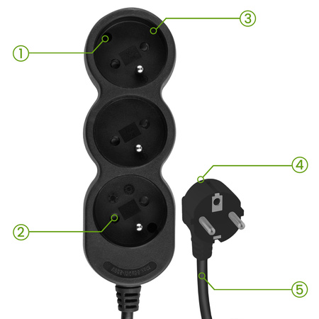 Netzverlängerungskabel Geerdete Steckdosenleiste 3 Steckdosen 1.5m Schwarzes Kabel Lendo Lumiled
