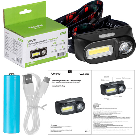 Wiederaufladbare Kopflampe XPE + COB VA0115 Vayox