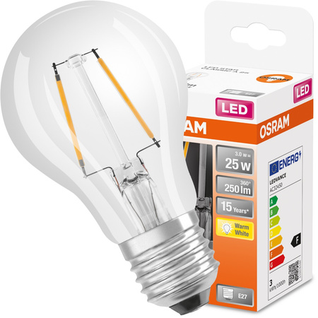 LED Leuchtmittel E27 A60 CL 3W = 25W 250lm 2700K Warm 300° OSRAM STAR Filament