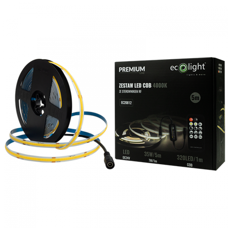 LED-Streifen COB 7W/m 630lm/m 320LED/m 24V 4000K Neutral IP20 Reel 5m + Netzteil + Fernbedienung Ecolight