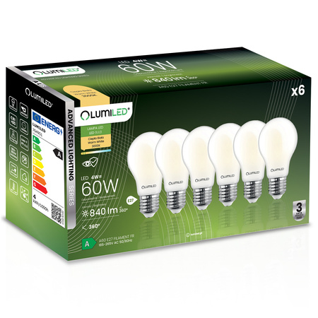 6x LED-Lampe E27 A60 4W = 60W 840lm 3000K Warm 360° FILAMENT LUMILED