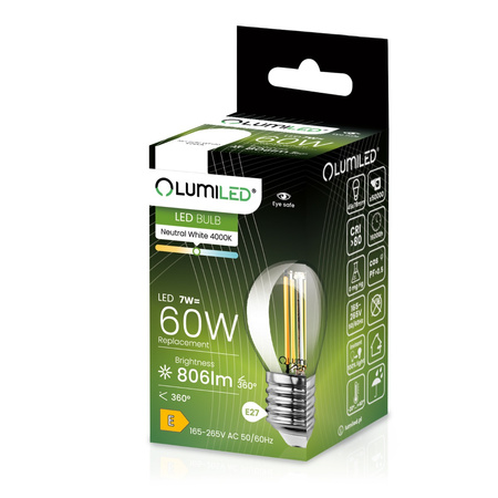 LED Lampen E27, Glühbirne P45 7W = 60W 806lm 360° 4000K neutral Glühfaden LUMILED