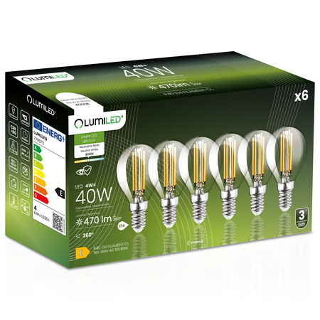 6x LED-Lampe E14 Ball P45 4W = 40W 470lm 4000K Neutral 360° FILAMENT LUMILED