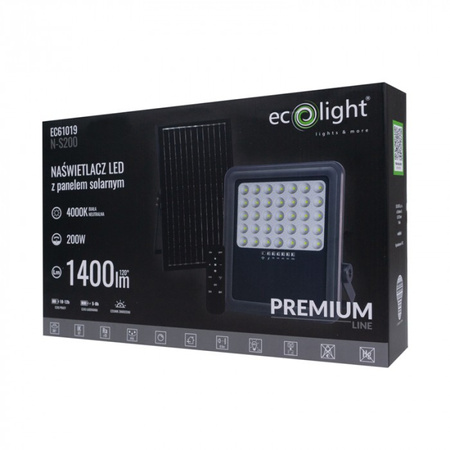 LED-Flutlicht Solar Reflektor 200W 1400lm 4000K Neutral IP65 mit Dämmerungssensor + Ecolight Fernbedienung