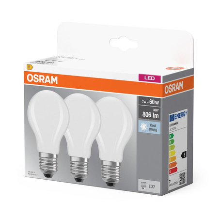 3x LED Lampen E27 A60 6,5W = 60W 806lm 4000K Neutral 300° Filament OSRAM BASE