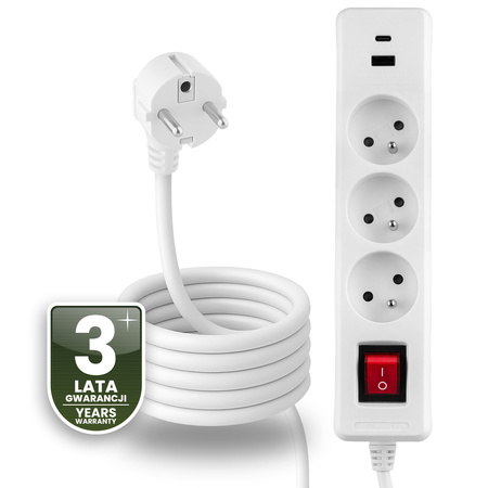 Netzverlängerungskabel Geerdete Steckdosenleiste 3 Steckdosen 3m EIN/AUS Schalter Weiß USB + USB-C Kabel ELGER Lumiled