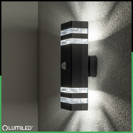 Garten Wandleuchte oben unten 2xGU10 Schwarz Bewegungs- und Dämmerungssensor IP54 PROTEA LUMILED