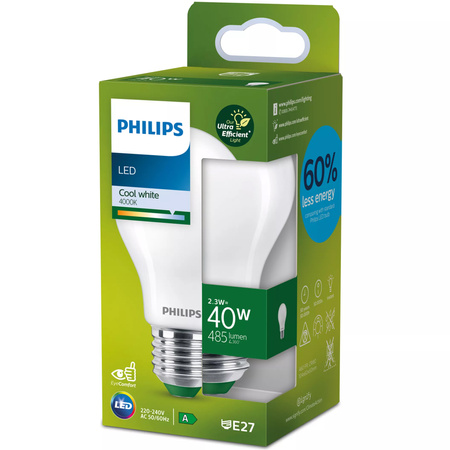 E27 A60 LED Lampen 2,3 W = 40 W, 485 lm, 4000 K, neutrales Filament, milchig, PHILIPS, ultraeffizient