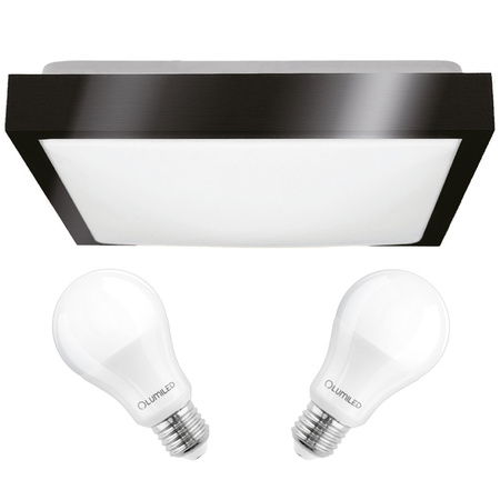 LED Plafond Deckenleuchte 41cm 2x E27 Schwarz Quadratisch + 2x LED Birne 10W 3000K Lumiled