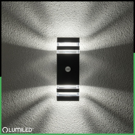 Garten Wandleuchte oben unten 2xGU10 Schwarz Bewegungs- und Dämmerungssensor IP54 PROTEA LUMILED