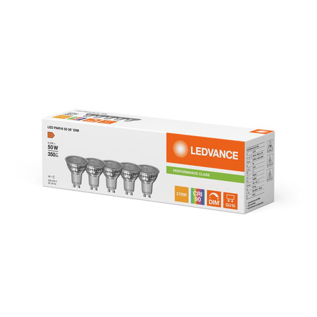5x LED Reflektor GU10 PAR16 4.5W = 50W 350lm 2700K Warm 36° CRI90 Dimmbar Ledvance