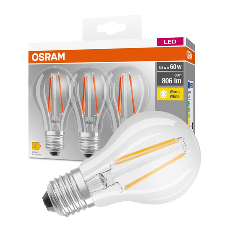 3x LED Lampe E27 A60 6,5W = 60W 806lm 2700K Warm 360° OSRAM