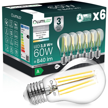 6x LED-Lampe E27 A60 3,8W 840lm = 60W 4000K neutralweiß 360° Filament Energieklasse A LUMILED