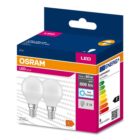 2x LED Lampe E14 P45 7W = 60W 806lm 6500K Kalt 200° OSRAM VALUE