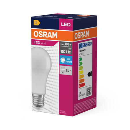 LED-Lampe A60 E27 13W = 100W 1521lm 6500K Kalt 180° VALUE CLASSIC Osram