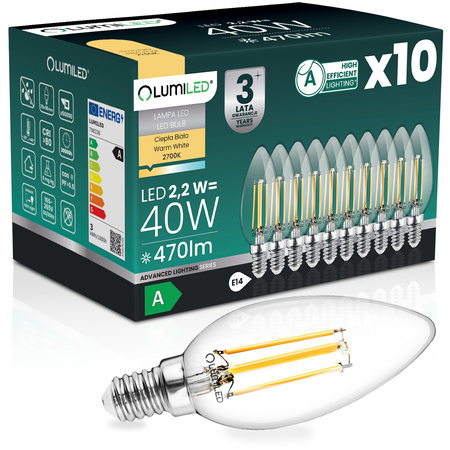 10x LED-Glühbirne E14 Kerze B35 2.2W 470lm = 40W 2700K Warm 360° Filament CLASS A LUMILED