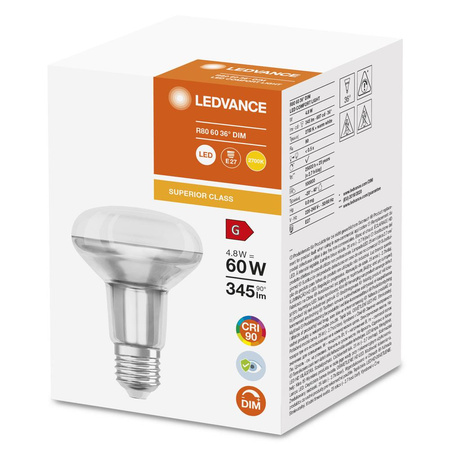 LED Reflektor Glühbirne E27 R80 4.8W = 60W 345lm 2700K Warm 36° CRI90 Dimmbar Ledvance