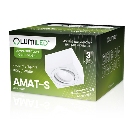 Halogen-Aufbauleuchte GU10, Aufbauspot 50mm beweglich Quadrat Weiß+LED-Einsatz 7W 3000K AMAT-S LUMILED