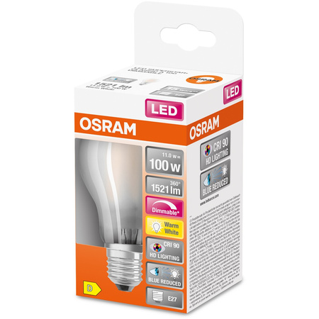LED-Lampe E27 A60 11W = 100W 1521lm 2700K Warm 300° CRI90 Glühfaden Dimmbar OSRAM SUPER STAR+