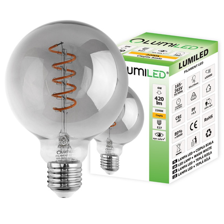 3x LED Lampen E27, Dekorative Glühbirne G95 6W = 50W 420lm 360° 2200K warm Glühfaden Smokey LUMILED