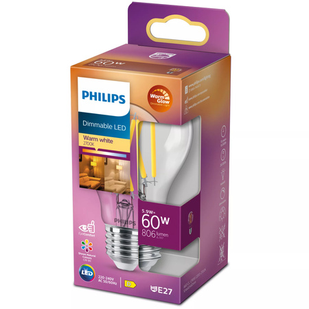 E27 A60 LED Lampen 5,9 W = 60 W, 806 lm, 2700 warmes Filament PHILIPS, dimmbar