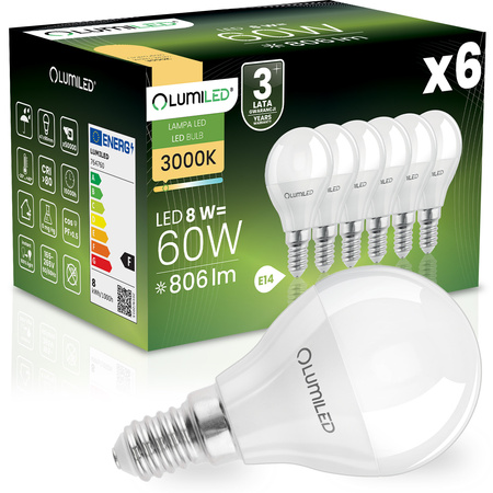 6x LED Lampen E14, Glühbirne P40 8W = 60W 806lm 180° 3000K warm LUMILED