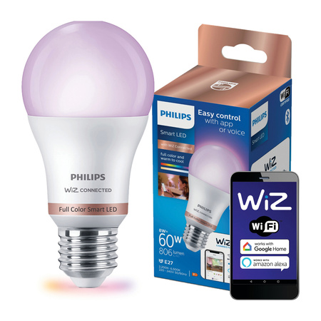 LED-Lampe E27 A60 8.5W = 60W 2200-6500K TW + RGB SMART WiFi Philips WiZ