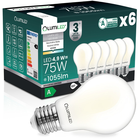 6x LED-Lampe E27 A60 4,9W 1055lm = 75W 4000K neutralweiß 360° Filament Energieklasse A LUMILED
