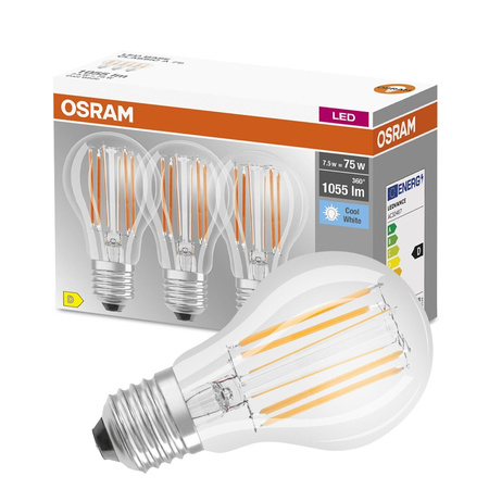 3x LED Lampen E27 A60 CL 7,5W = 75W 1055lm 4000K Neutral 300° Filament OSRAM BASE