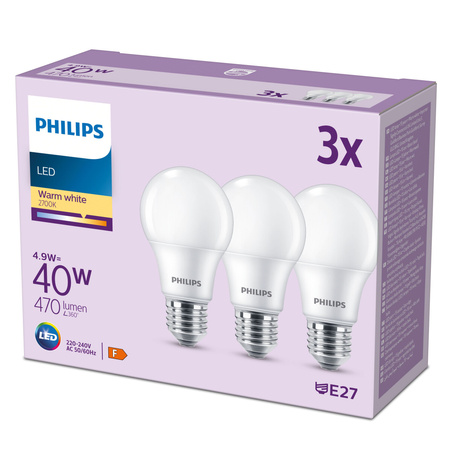 Set mit 3x E27 A60 LED-Glühbirne 4,9W = 40W 470lm 2700K Warm 180° PHILIPS