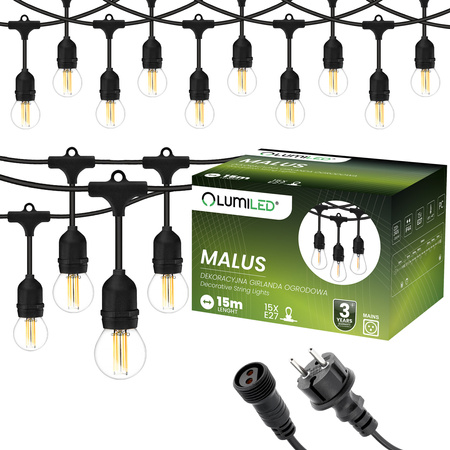 MALUS Outdoor Garten Girlande Lichterkette 15m 15x E27 Glühbirnen 7W 4000K MALUS Lumiled