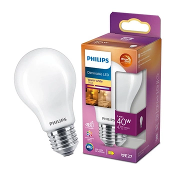 E27 A60 LED Lampen 3,4 W = 40 W, 470 lm, 2700 warmes Filament, milchig, PHILIPS, dimmbar